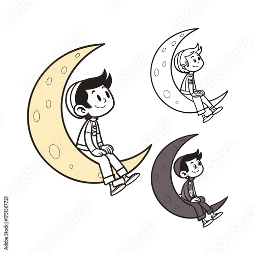 Mystical black cat silhouettes sit on crescent moons under starry night sky isolated on transparent background