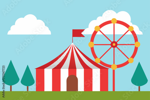 Illustration of a circus tent and ferris wheel scene