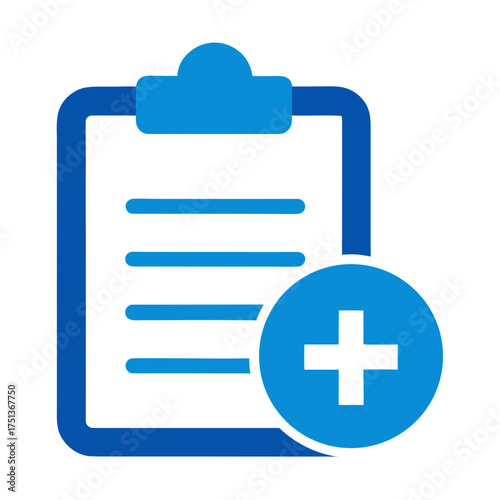 Blue clipboard with horizontal lines and plus symbol