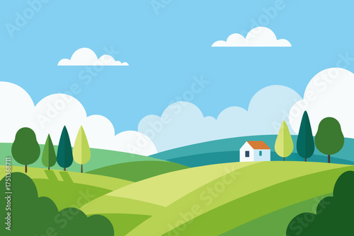 Illustration of a house on a green field with trees