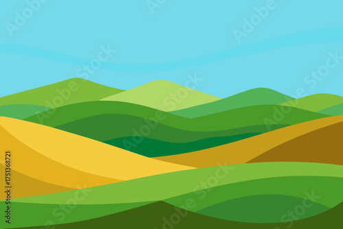 Illustration of rolling hills under a clear blue sky