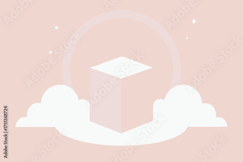 Isometric cube surrounded by clouds and stars art