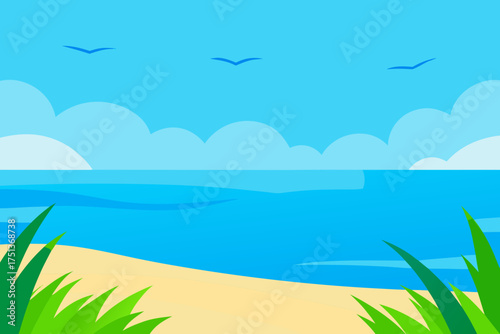 Cartoon beach scene with birds and blue sky above