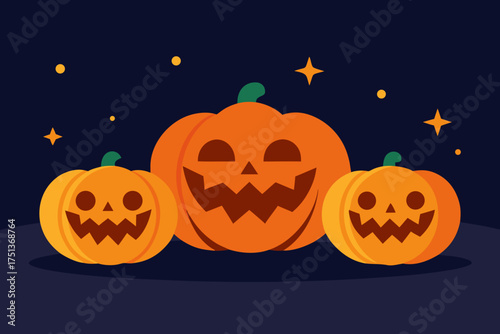 Three jack o lanterns with stars on a dark background