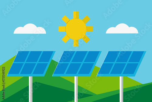 Illustration of solar panels under the sun and clouds