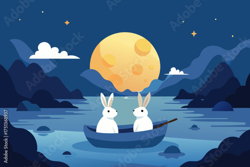 Two rabbits in a boat under the moonlight scenery