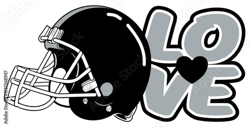LOVE in bold  silver and black graffiti lettering, with a vibrant heart at the center and a football helmet beside it. A dynamic street art vector with sporty flair