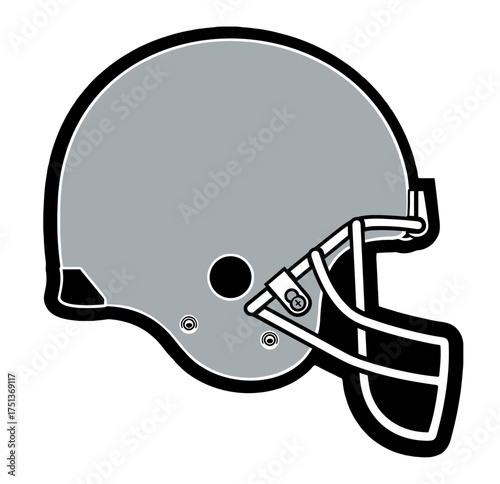 A stylized football helmet at the center of the design. Sports graphic design for fans, with silver and blackcolors, perfect for football enthusiasts.