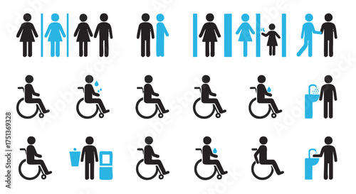 A comprehensive vector icon set of public restroom and toilet signage, including male, female, all-gender, and accessible facility symbols