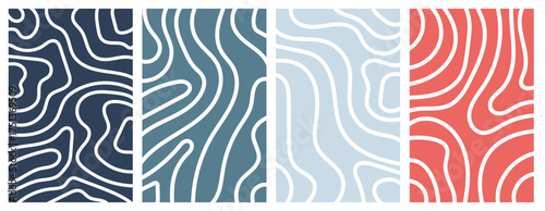 Twisted lines, fluid, curved, wiggling stripes, waves vector backgrounds set. Liquid, chaotic retro ornaments, groovy hippie patterns collection. Doodle, uneven hand drawn wavy, organic winding lines