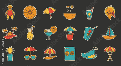 A collection of colorful hand-drawn summer vacation and beach holiday icons. Doodle style stickers for travel and leisure design