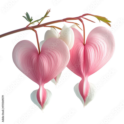Two pink heart-shaped bleeding heart flowers hang from a delicate stem