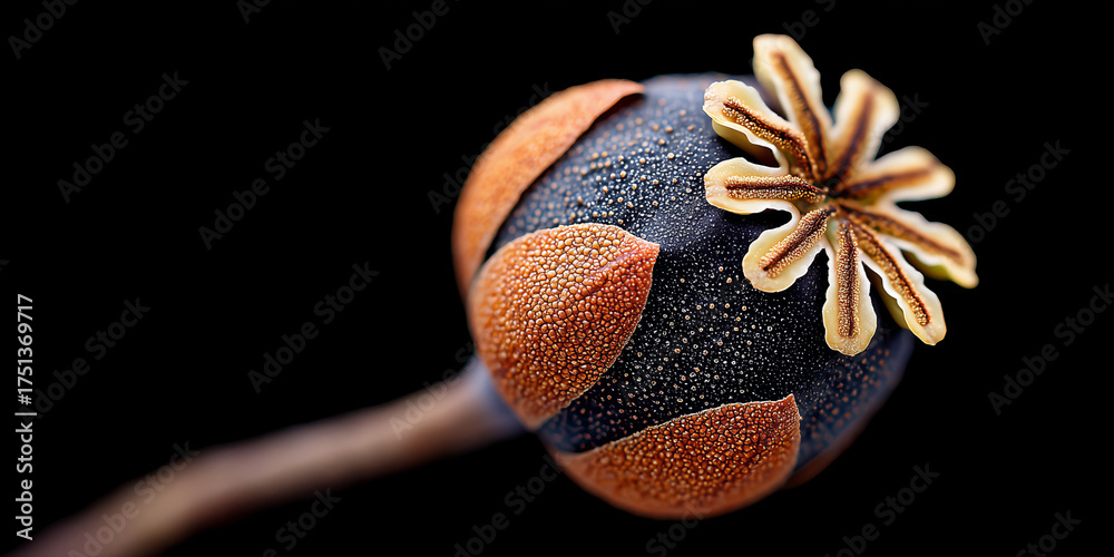 Naklejka premium Extreme Close Up of A Vibrant Poppy Seed Pod on Black Background Studio Shot