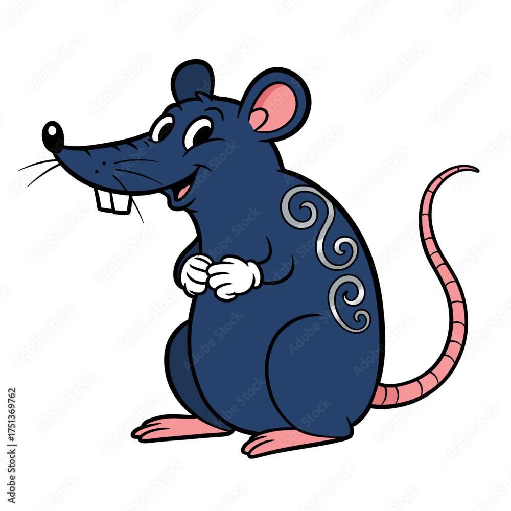 Fototapeta premium Cheerful cartoon blue water rat character with a curled tail and white gloves representing good fortune in the Eastern zodiac, ideal for children's illustrations or themed designs. 
