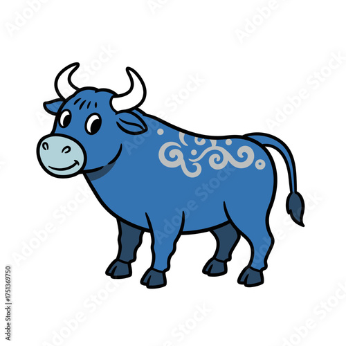 Retro Cartoon blue water ox with decorative patterns representing zodiac,  white background, vector illustration