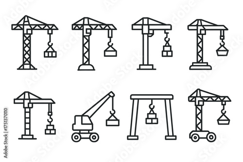 Set of eight minimalist crane line icons with distinct designs