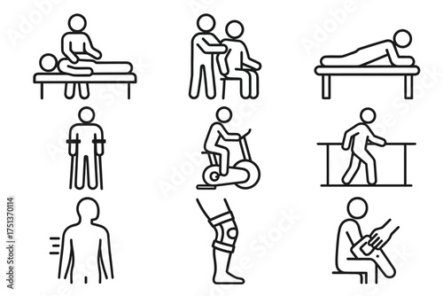Physical therapy exercises icons set: rehabilitation and recovery techniques