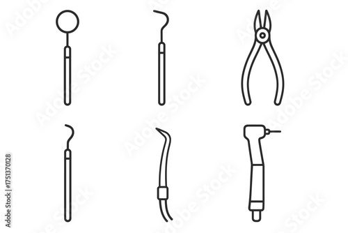 Set of dental tools: mirror, scaler, forceps, probe, elevator, drill icons