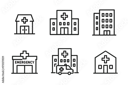 Set of hospital building icons including emergency and ambulance