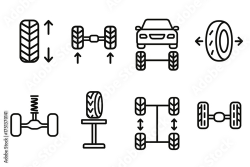 Vector icons illustrating car tire and wheel alignment concepts