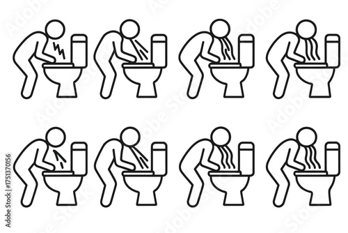 Illustration of eight stick figures vomiting into toilets in a repetitive pattern