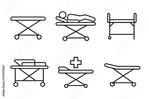 Medical stretchers and hospital beds icons with cross symbol in line art style