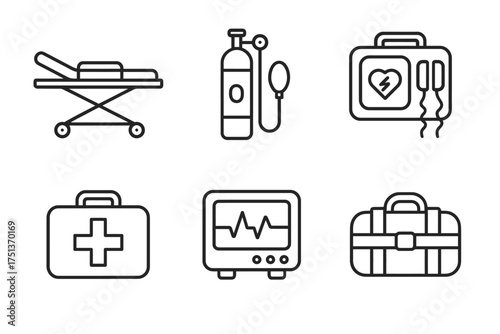 Emergency medical equipment icons: stretcher, oxygen tank, first aid kit, defibrillator, heart monitor