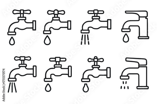 Set of eight water faucets with different spout designs and water flow variations