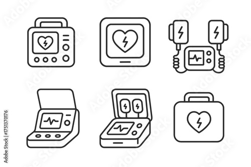 Heart monitor and defibrillator icon set for medical equipment design