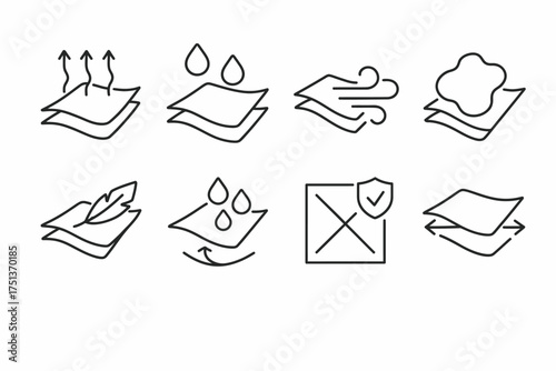 Set of icons representing fabric properties: breathability, water resistance, softness, durability, flexibility
