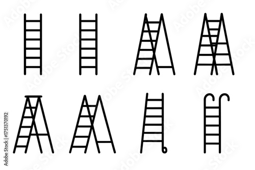 Set of eight black ladder icons in various styles and designs