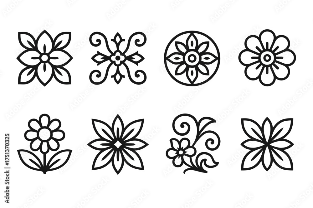 Obraz premium Set of eight black and white floral designs with geometric and organic patterns