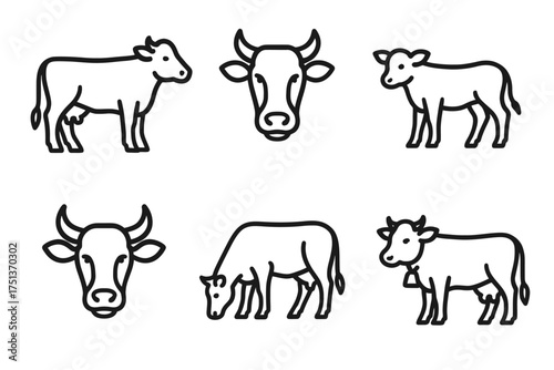 Set of outline cow illustrations: various poses and styles