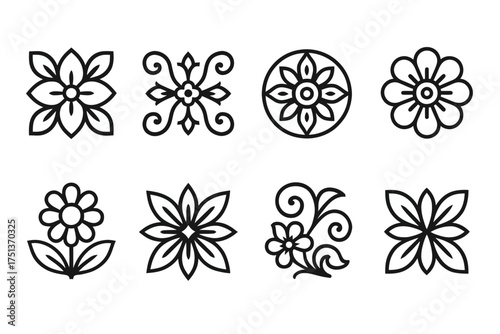 Set of eight black and white floral designs with geometric and organic patterns