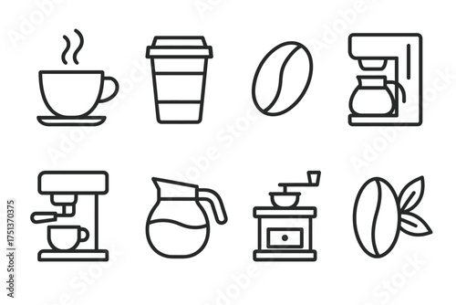 Coffee icons set: cups, beans, machines, and grinders in line art