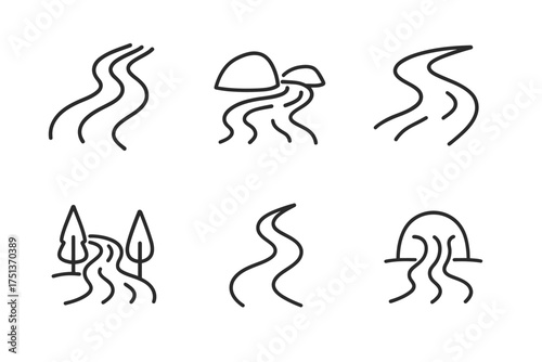 Minimalist line art icons of roads, trees, and mushrooms