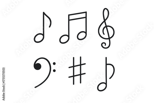 Music symbols set: treble clef, bass clef, sharp, eighth notes