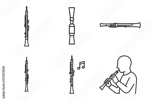 Oboe icons and line art: musical instrument with player illustration