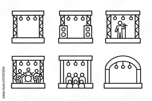 Minimalist line art of concert stages and performers