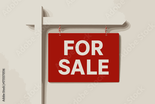 Red for sale sign on white post against neutral background