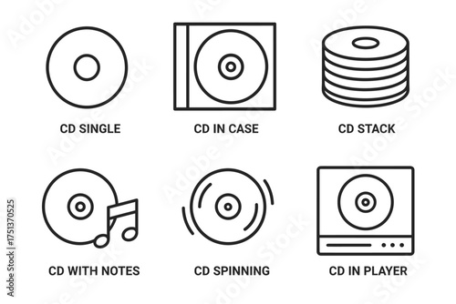 Cd icons set: single, case, stack, notes, spinning, player