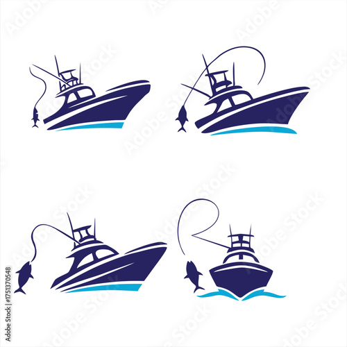 Sport Fishing Boat Vector Graphic Logo Set