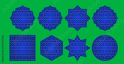 Islamic Blue Geometric Ornament Set on Green Screen Background, Arabic Pattern for Editing and Background Removal, Vector Decorative Shapes for Ramadan, Mosque, and Islamic Design Template