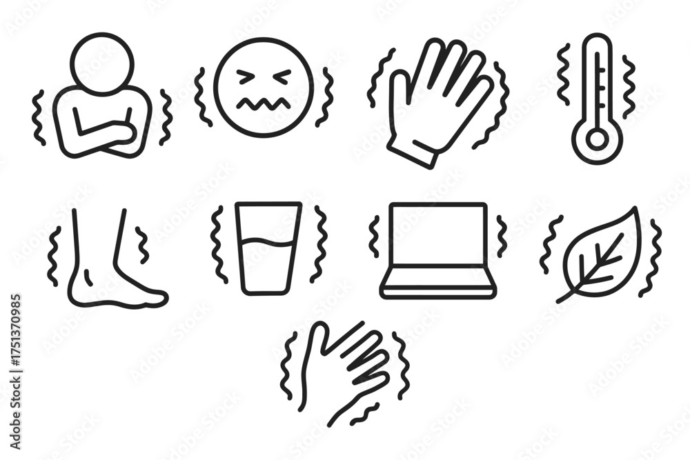 Fototapeta premium Shivering icons: cold symptoms, temperature, and vibrations illustrated