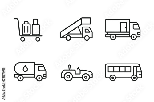 Simple line art icons of transport vehicles: luggage cart, stair truck, cargo van, fuel tanker, convertible car, bus