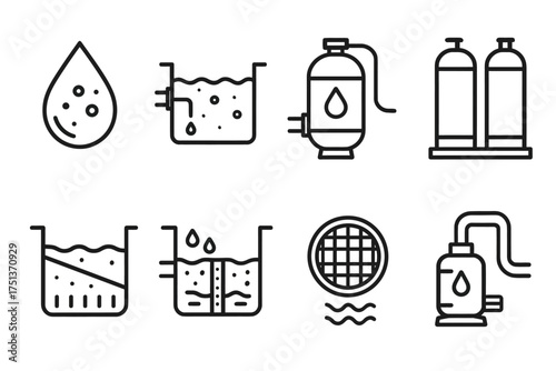 Water filtration icons: purification equipment and system process symbols