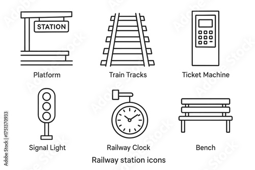 Railway station icons: platform, train tracks, ticket machine, signal light, clock, bench