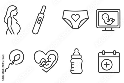Pregnancy journey icons: test, ultrasound, maternity symbols, bottle, calendar