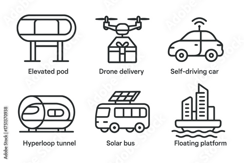 Futuristic transport: elevated pod, drone delivery, self-driving car, hyperloop, solar bus, floating platform