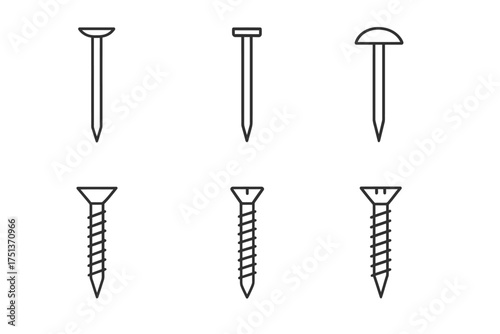 Vector illustration of simple nail and screw line icons collection